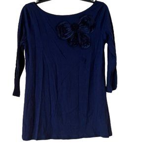 Loft Navy 3/4 Sleeve T-Shirt with Flower - Medium
